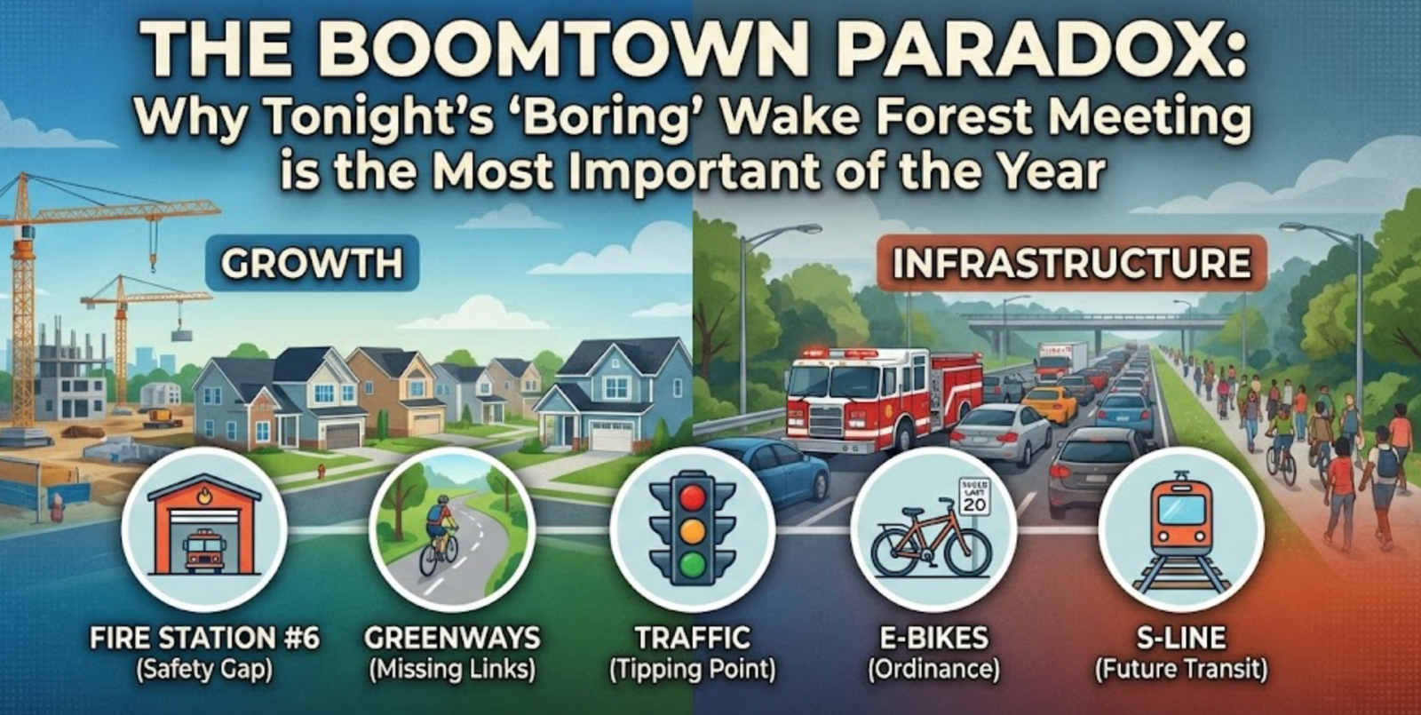 A digital share graphic titled "THE BOOMTOWN PARADOX: Why Tonight's 'Boring' Wake Forest Meeting is the Most Important of the Year." The background is split into two sections: the left side, labeled "GROWTH," features construction cranes and new suburban housing; the right side, labeled "INFRASTRUCTURE," shows a fire truck, traffic congestion, and a busy greenway. Five circular icons highlight the key topics: Fire Station #6 (Safety Gap), Greenways (Missing Links), Traffic (Tipping Point), E-Bikes (Ordinance), and S-Line (Future Transit). The footer reads, "A Substack Analysis of the Jan 20, 2026, BOC Meeting Agenda.