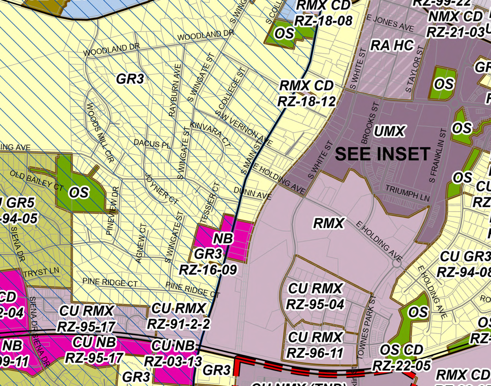 Wake Forest Zoning Map showing the intersection of South Main Street and West Holding Avenue. The map contrasts the pink 'NB' commercial zone on the corner with the surrounding yellow 'GR3' residential zones, visualizing the transition discussed in the rezoning case.