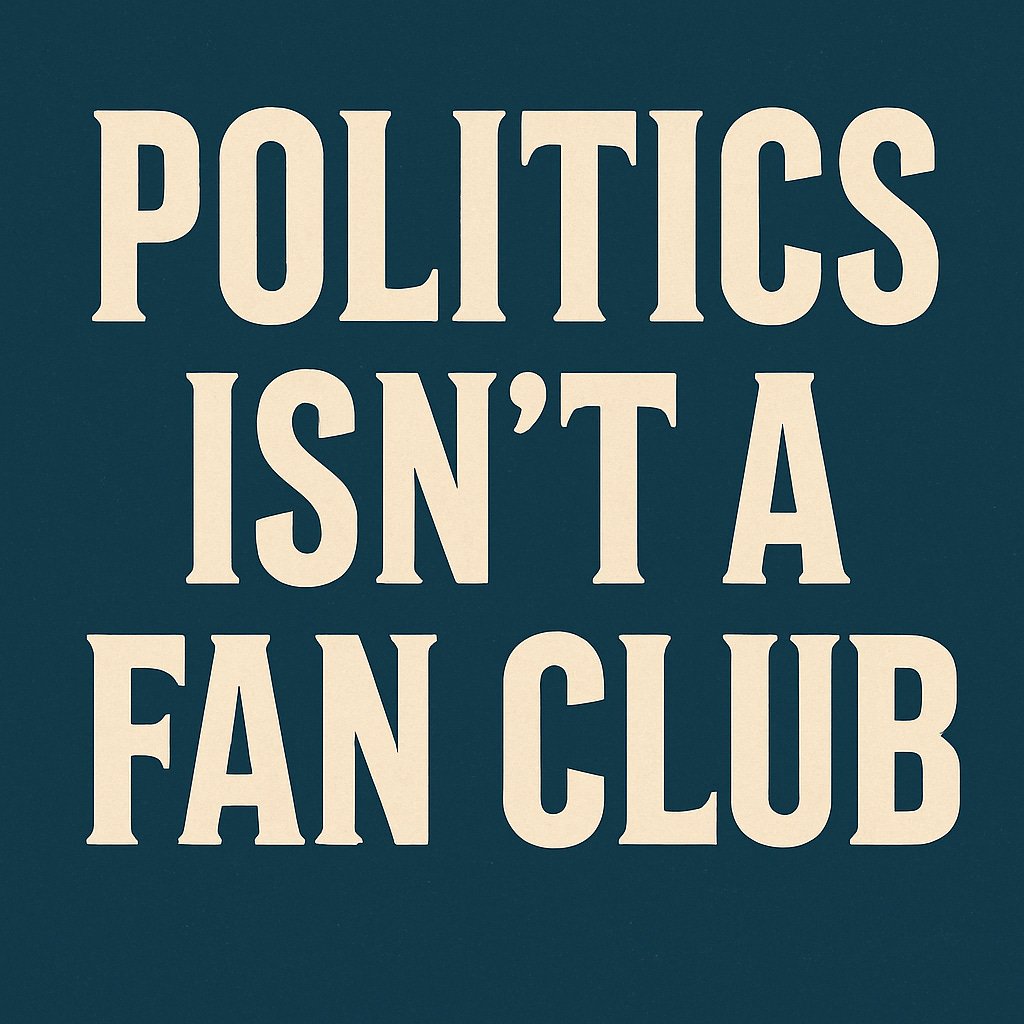A bold minimalist graphic with large cream-colored text on a dark blue background reading ‘POLITICS ISN’T A FAN CLUB.’ The design uses strong, vintage-style typography to emphasize the message about rejecting team-sport political thinking
