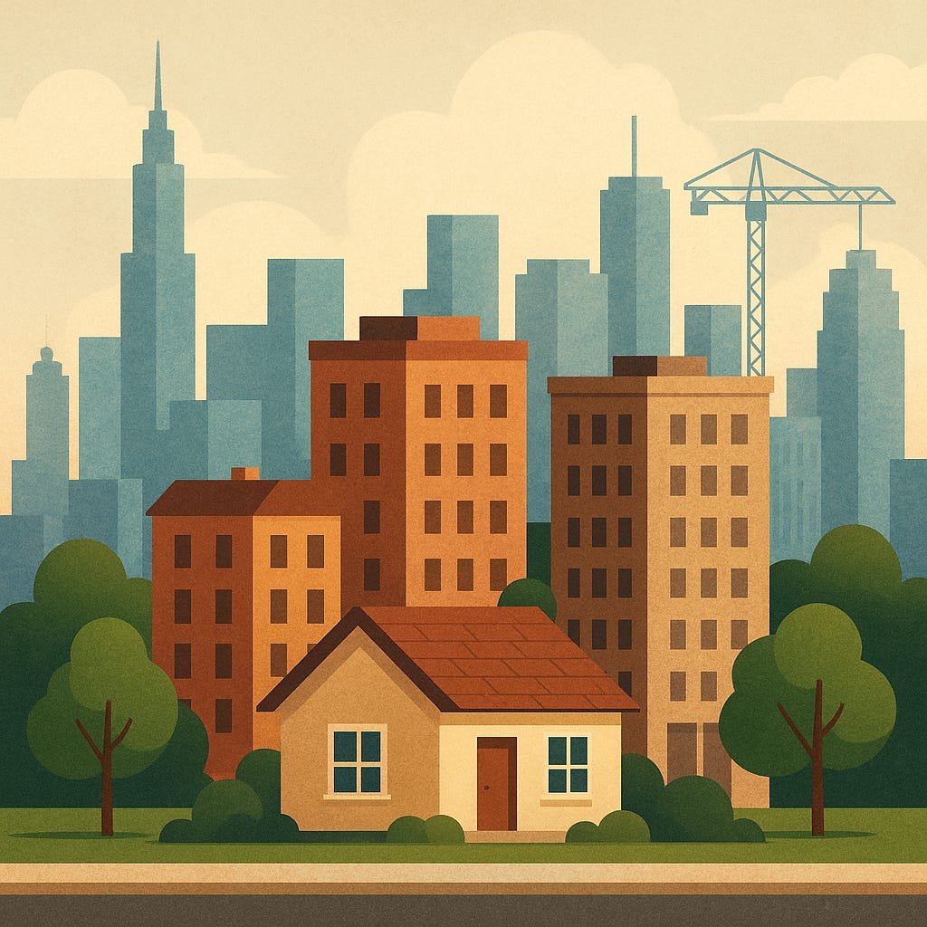 A digital illustration shows a small suburban house in the foreground gradually blending into taller apartment buildings and a distant city skyline with cranes, symbolizing Wake Forest’s transition from a small town to a growing metropolitan hub. A digital illustration shows a small suburban house in the foreground gradually blending into taller apartment buildings and a distant city skyline with cranes, symbolizing Wake Forest’s transition from a small town to a growing metropolitan hub.