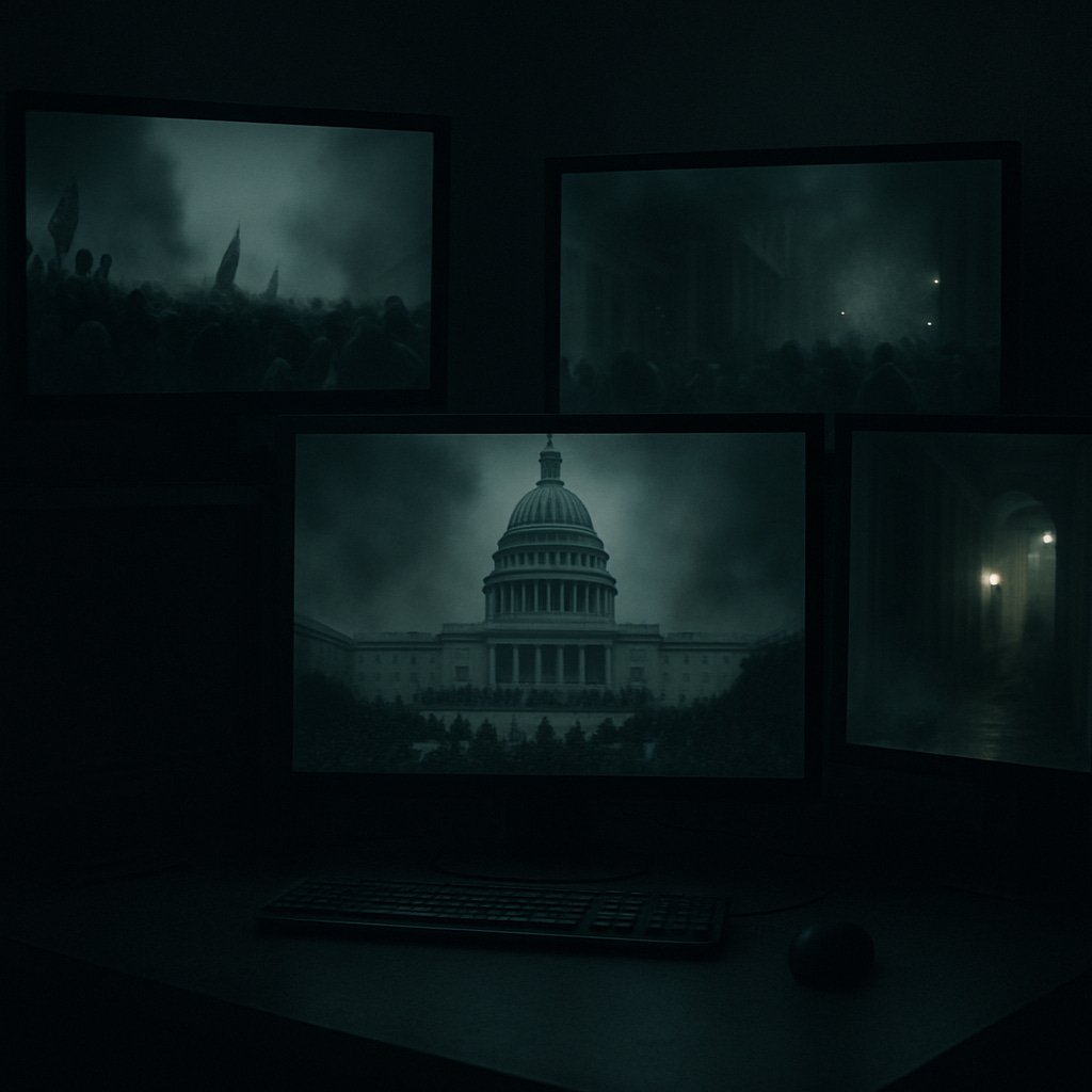 Four computer monitors illuminate a dark room, displaying haunting images of the U.S. Capitol amid smoke and unrest, evoking themes of surveillance, vigilance, and the fragility of democracy. January 6 insurrection reflection: Four monitors showing the U.S. Capitol amid smoke, a vigil for democracy.