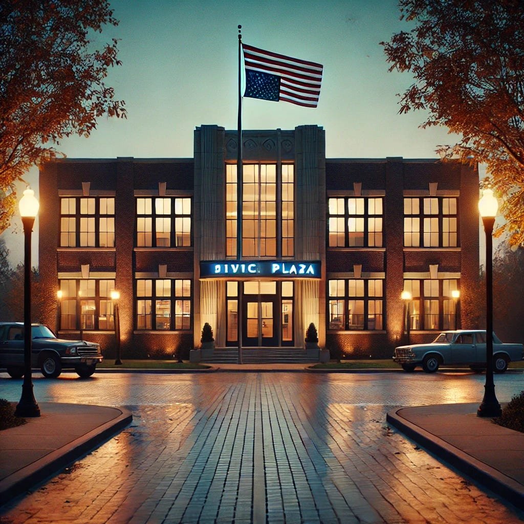 Brick government building labeled Civic Plaza at dusk, with warm lights, classic cars parked outside, and an upside-down American flag flying atop, indicating a state of distress or emergency. Brick government building labeled Civic Plaza at dusk, with warm lights, classic cars parked outside, and an upside-down American flag flying atop, indicating a state of distress or emergency.