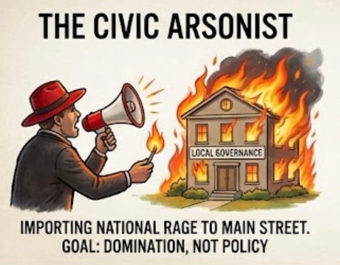 A political cartoon illustration titled "The Civic Arsonist." A man wearing a suit and a red fedora shouts into a megaphone while holding a lit match. Next to him, a two-story building labeled "LOCAL GOVERNANCE" is engulfed in large orange flames. The text at the bottom reads, "Importing national rage to Main Street. Goal: Domination, not policy.