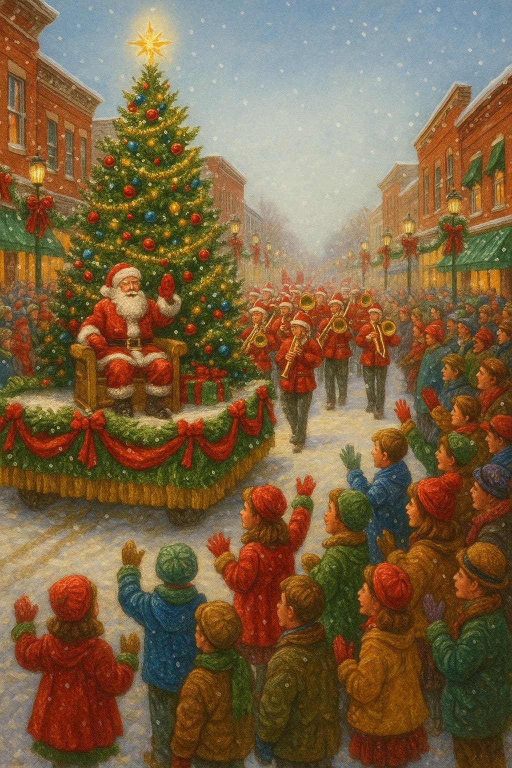 A snowy small-town street during a Christmas parade, featuring Santa Claus waving from a red truck float with a large decorated Christmas tree. Marching band members in red uniforms play instruments while families bundled in winter clothes watch and wave along the sidewalks lined with holiday wreaths and lights. A snowy small-town street during a Christmas parade, featuring Santa Claus waving from a red truck float with a large decorated Christmas tree. Marching band members in red uniforms play instruments while families bundled in winter clothes watch and wave along the sidewalks lined with holiday wreaths and lights.