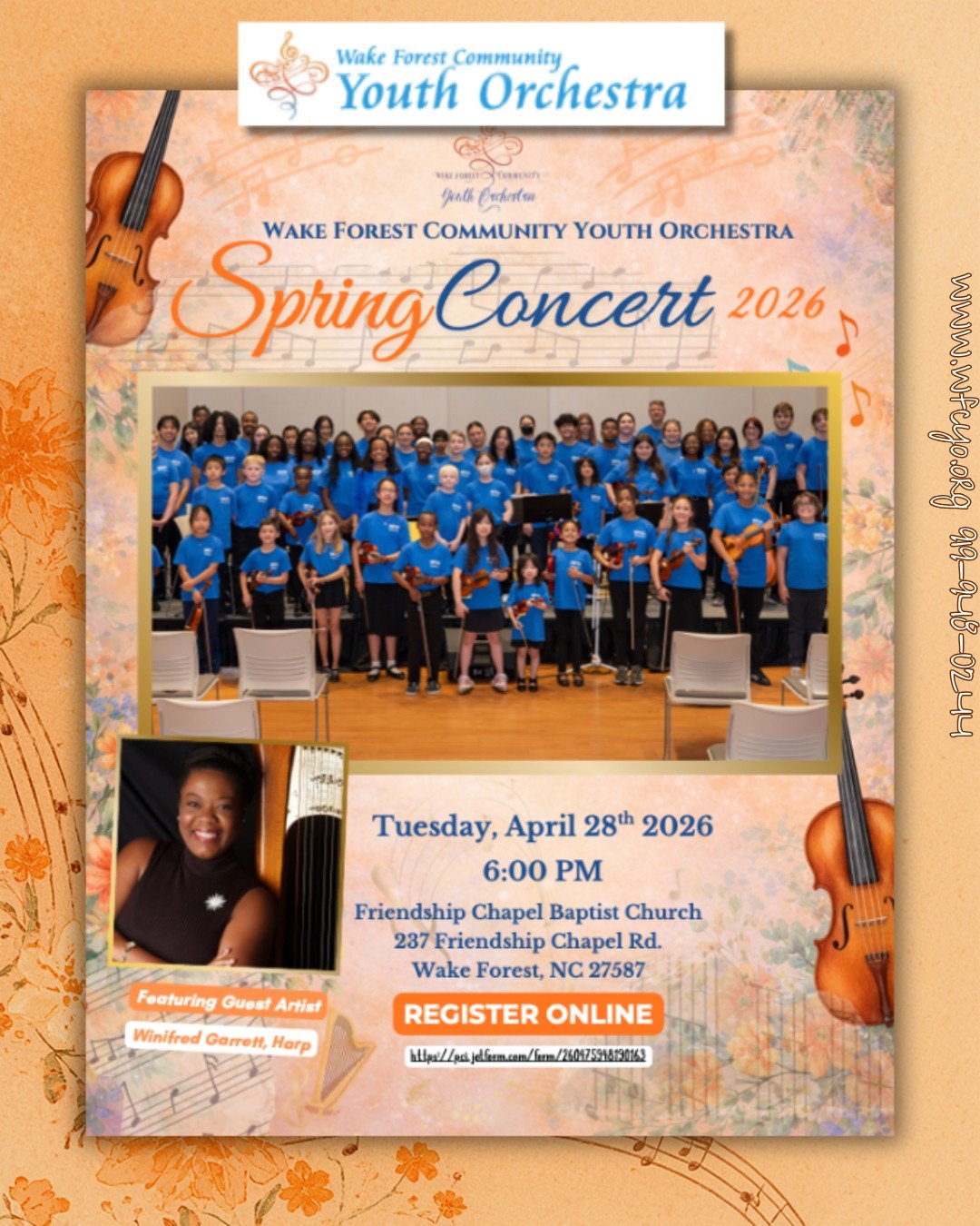 Wake Forest Community Youth Orchestra 2026 Spring Concert flyer featuring the full orchestra and guest harpist Winifred Garrett