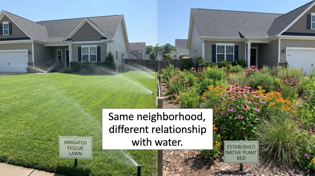 Kill your lawn NC Piedmont style: irrigated fescue lawn with sprinklers on the left versus an established native plant bed with coneflowers on the right — same neighborhood, different relationship with water