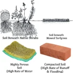 Wake Forest water restrictions infographic: lawns cause flooding, native plants absorb water