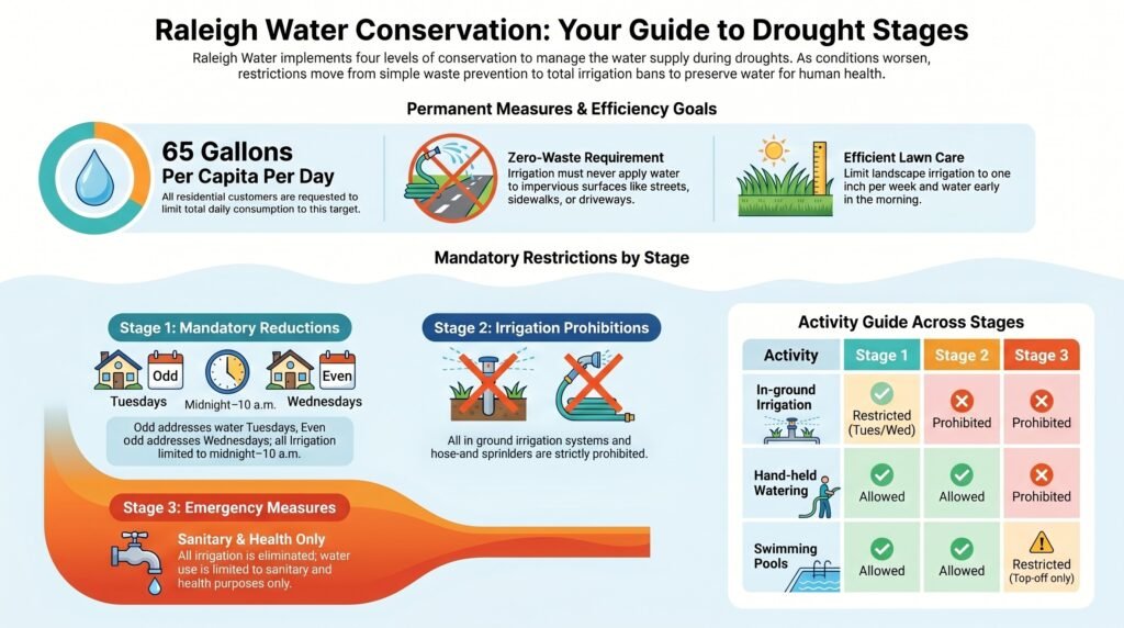 Raleigh Water drought stages guide — kill your lawn NC Piedmont before Stage 2 irrigation prohibitions take effect; Stage 1 odd/even schedule, Stage 2 prohibition, Stage 3 emergency