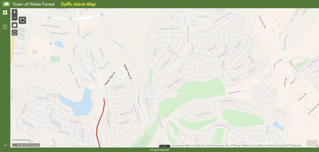 Town of Wake Forest Traffic Alerts Map showing lane closure on Wingate Street